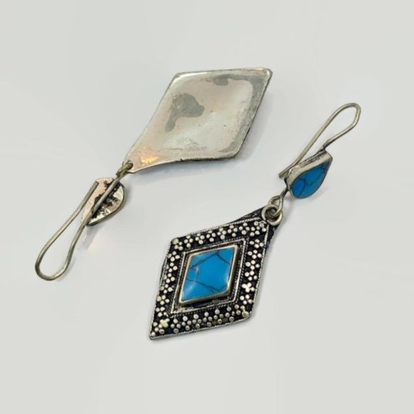 Turquoise Earrings, Silver Earrings, Afghan, Vintage, Middle Eastern, Boho - Picture 3 of 3
